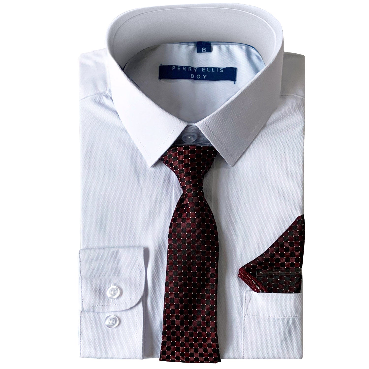 Perry Ellis Boys Dress Shirts w Burgundy Tie Solid Shirts w Patterned Tie