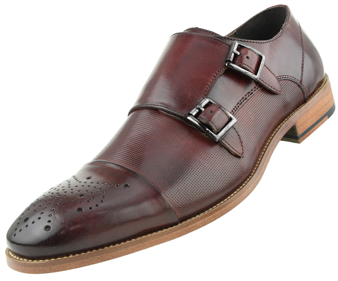 Asher Green Mens Burgundy Genuine Leather Cap Toe Double Monkstrap Dress Shoe with Perforated Design : Style AG1101-175