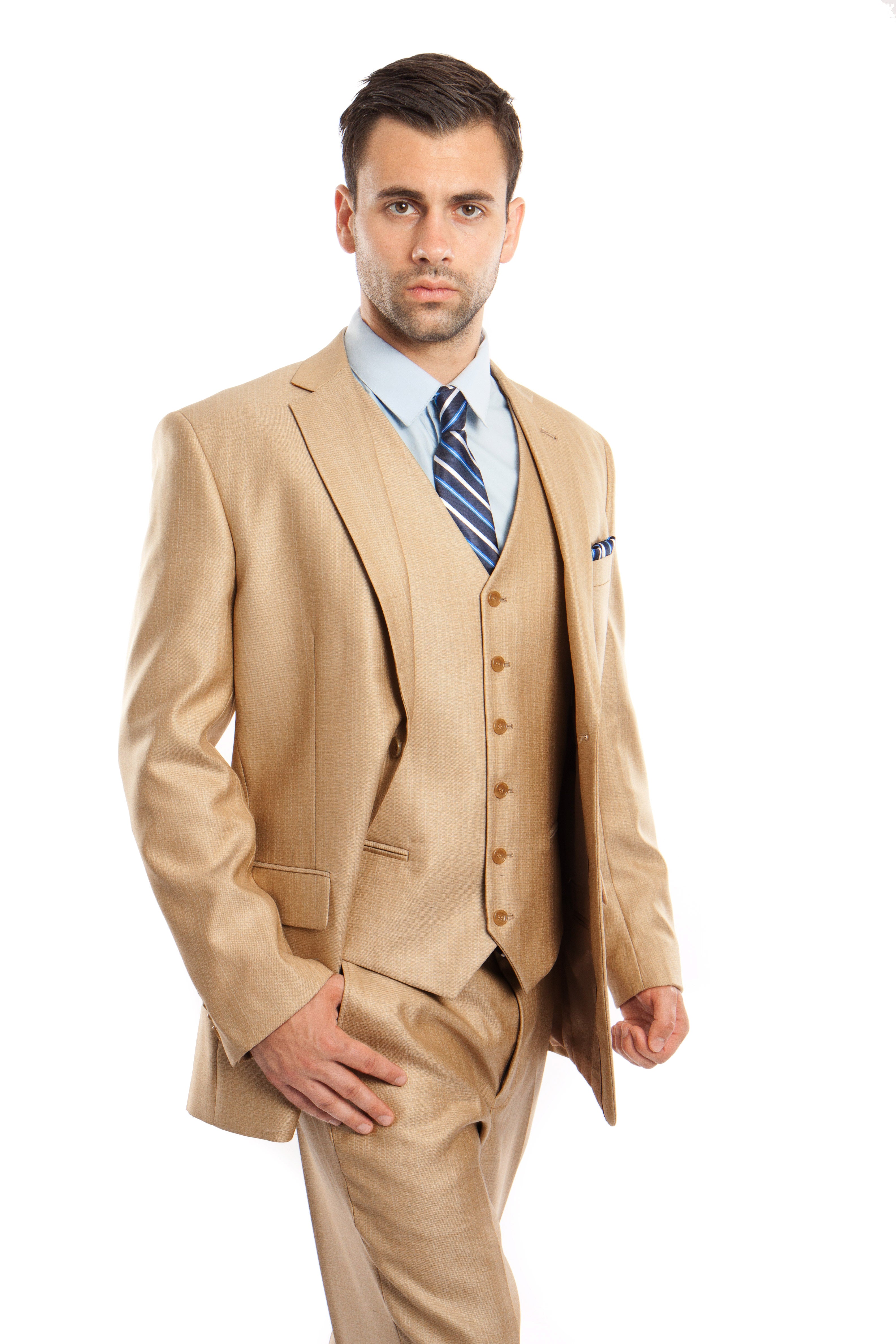 Wheat Solid Shiny Sharkskin 3-PC Regular Modern Fit Suits For Men