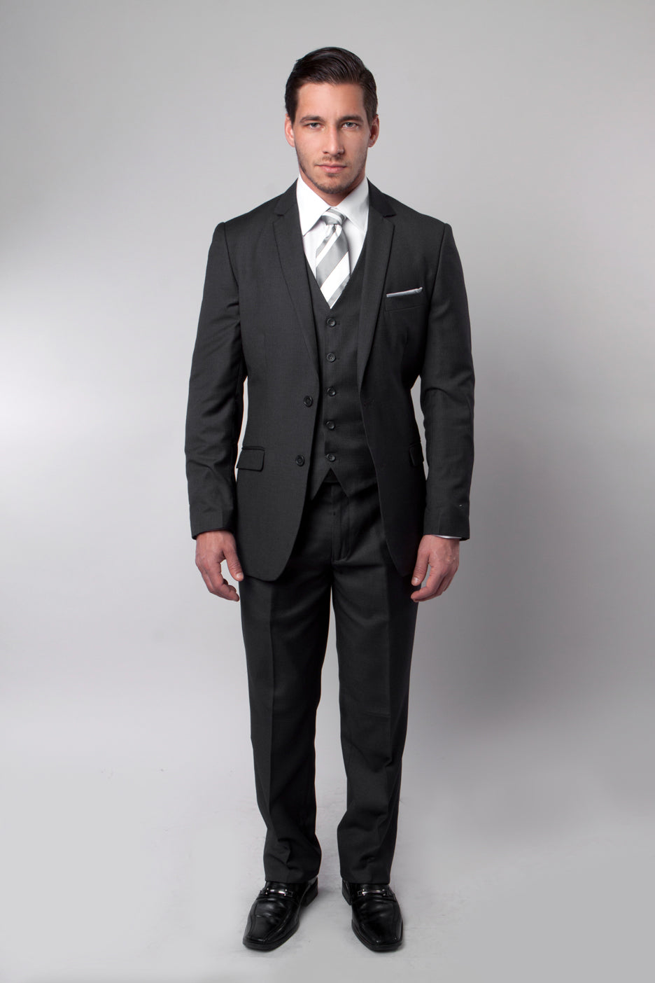 Black Pinstripe Tone on Tone 3-PC Slim Fit Stretch Suits For Men