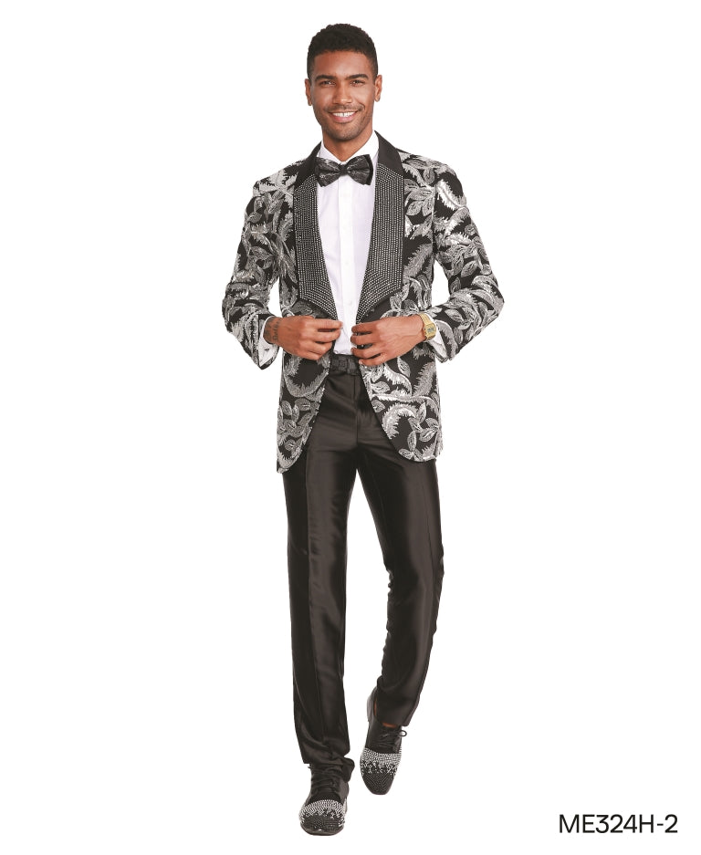 Sharkskin Slim Fit Tuxedo Suit with Vest - Silver Grey, White Piping