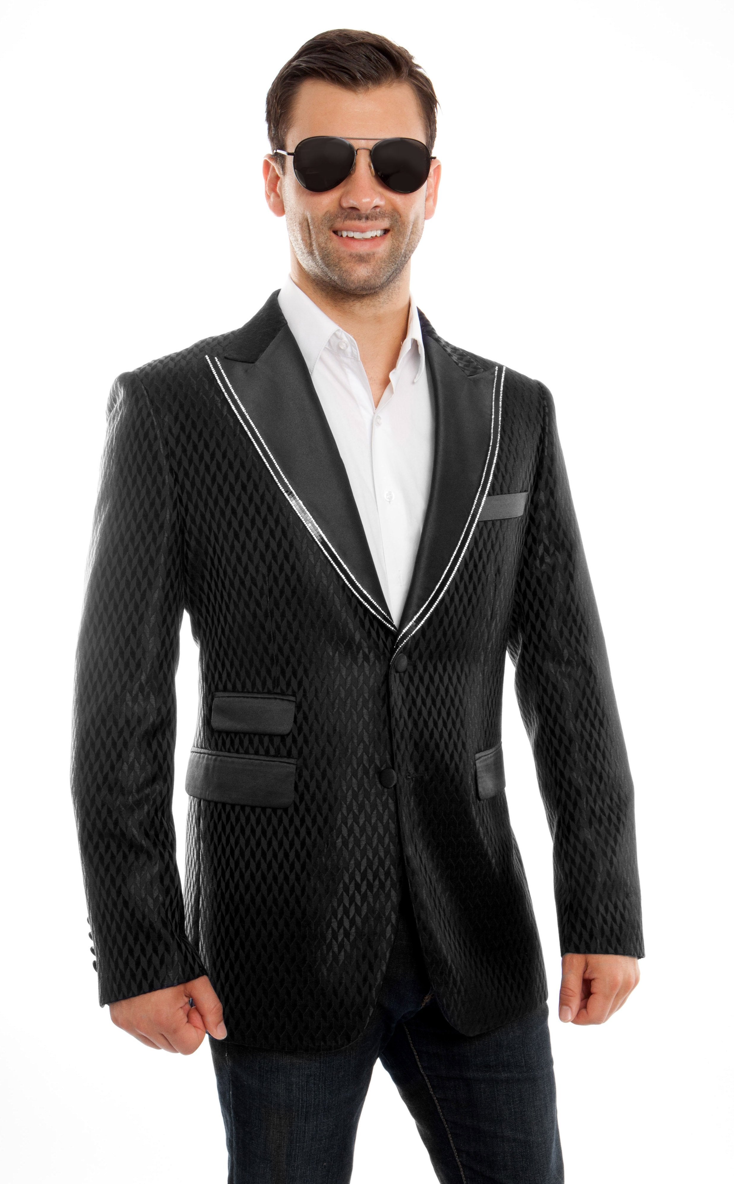 Modern Fit Houndstooth Pattern High Satin Peak Lapel With Trim Sports coat Blazer Jacket For Men