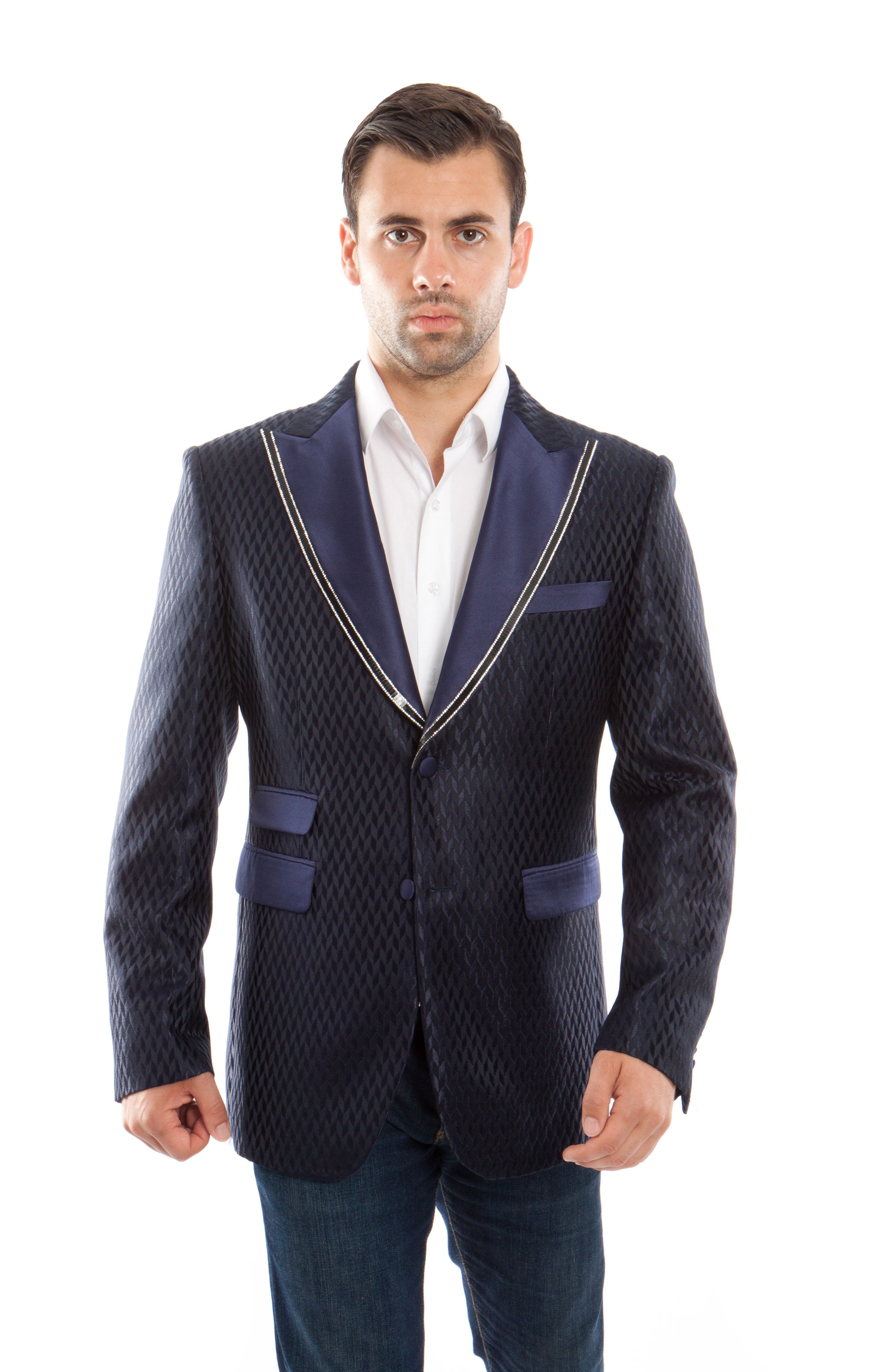 Modern Fit Houndstooth Pattern High Satin Peak Lapel With Trim Sports coat Blazer Jacket For Men